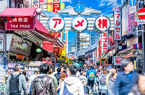 A shopping street with a wide variety of shops